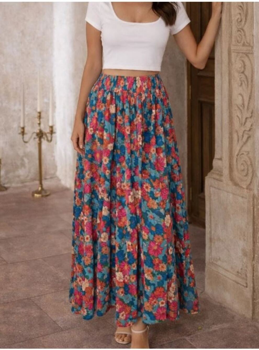 NWOT Natural Life Teal Pink Floral Maxi Skirt Smocked Waist Slit Hippie Flowy S